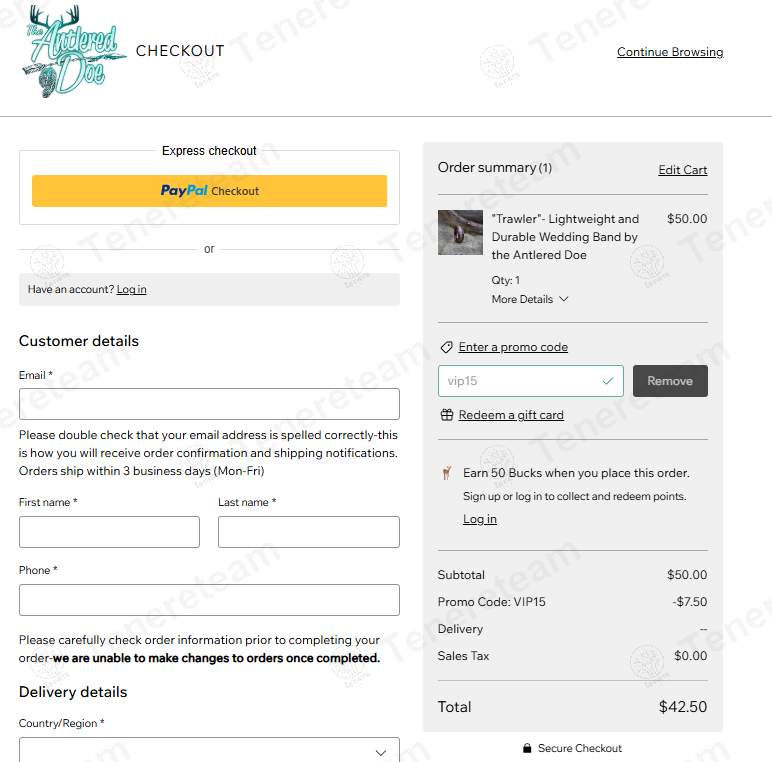 The Antlered Doe coupon code: 15% off with VIP5. Tested and valid as 1 year ago.