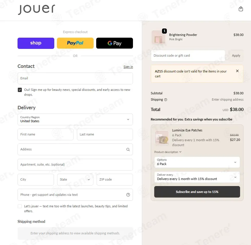 Jouer Cosmetics coupon code: 15% off with AZ15. Tested and valid as 2 months ago.