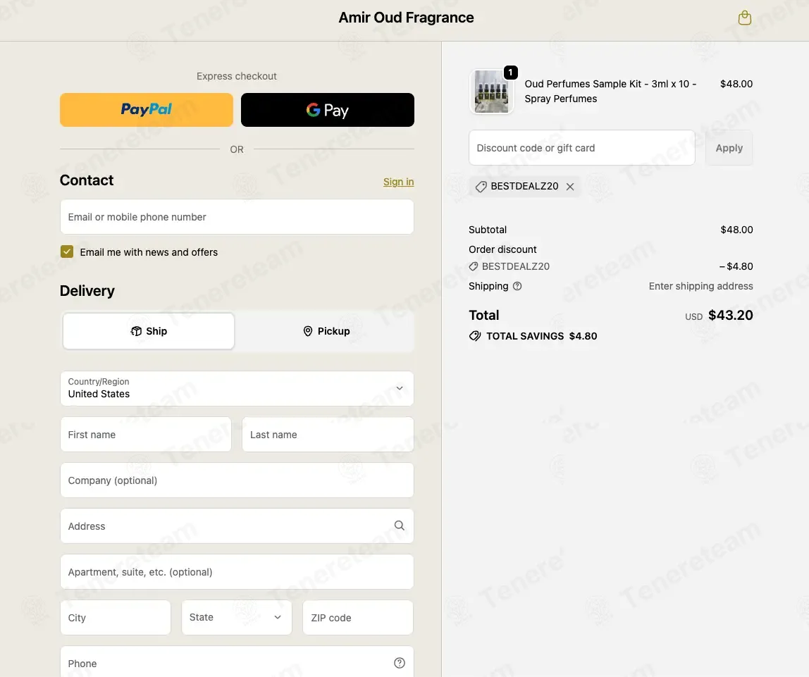 Amir Oud Fragrance coupon code: 10% off with BESTDEALZ20. Tested and valid as 1 month ago.