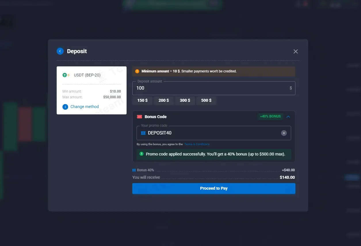 Quotex coupon code: 40% off with DEPOSIT40. Tested and valid as 2 months ago.