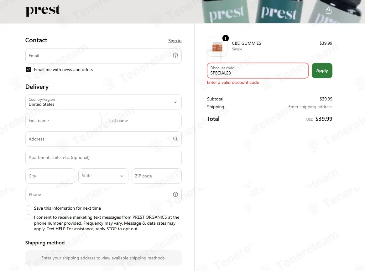 Prest Organics coupon code: 20% off with SPECIAL20. Tested and valid as 1 week ago.