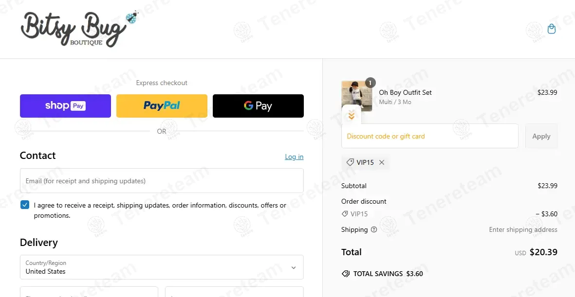 Bitsy Bug Boutique coupon code: 15% off with VIP15. Tested and valid as 1 year ago.