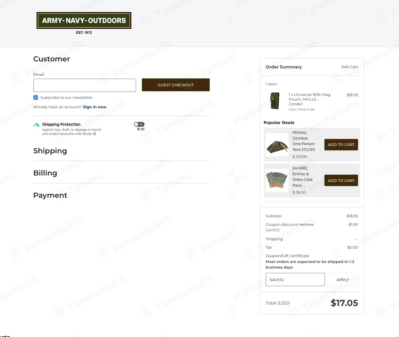 Army Navy Outdoors coupon code: 10% off with SAVE10. Tested and valid as 1 month ago.