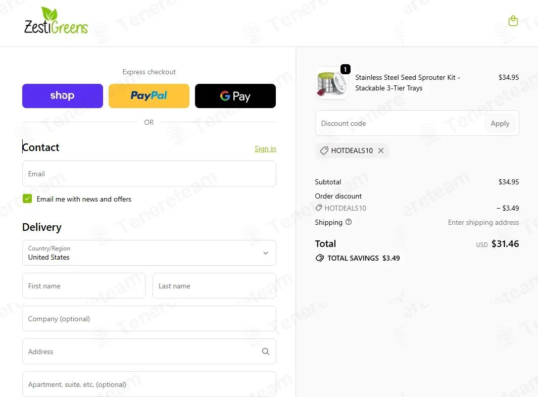 ZestiGreens coupon code: 10% off with HOTDEALS10. Tested and valid as 2 weeks ago.