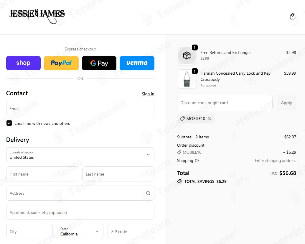 Jessie James Handbags coupon code: 10% off with MOBILE10. Tested and valid as 2 months ago.
