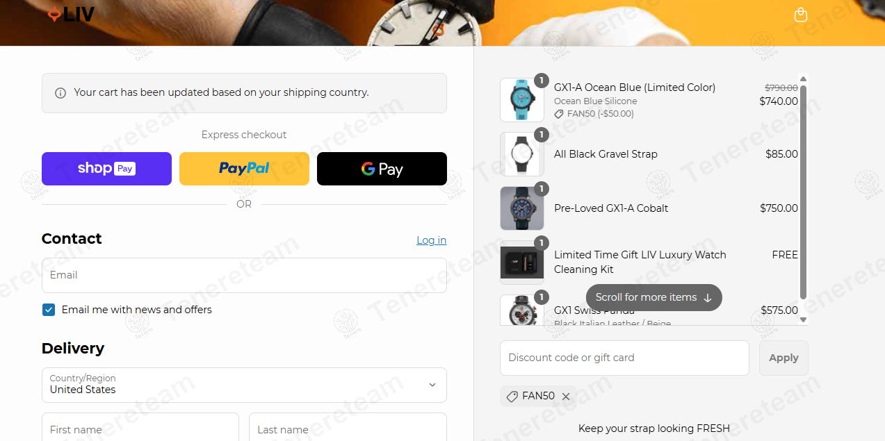 Liv Watches coupon code: $50 off with FAN50. Tested and valid as 1 year ago.