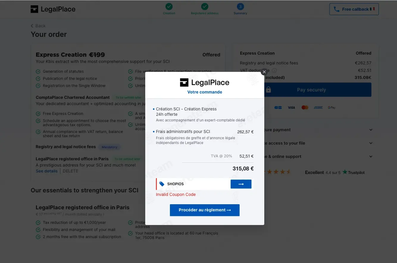 Legal Place FR coupon code: 15% off with SHOPIOS. Tested and valid as 6 months ago.