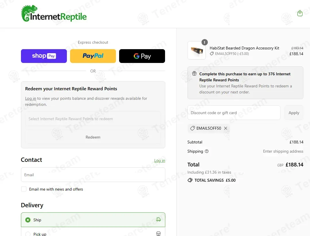 Internet Reptile coupon code: £5 off with EMAIL5OFF50. Tested and valid as 11 months ago.