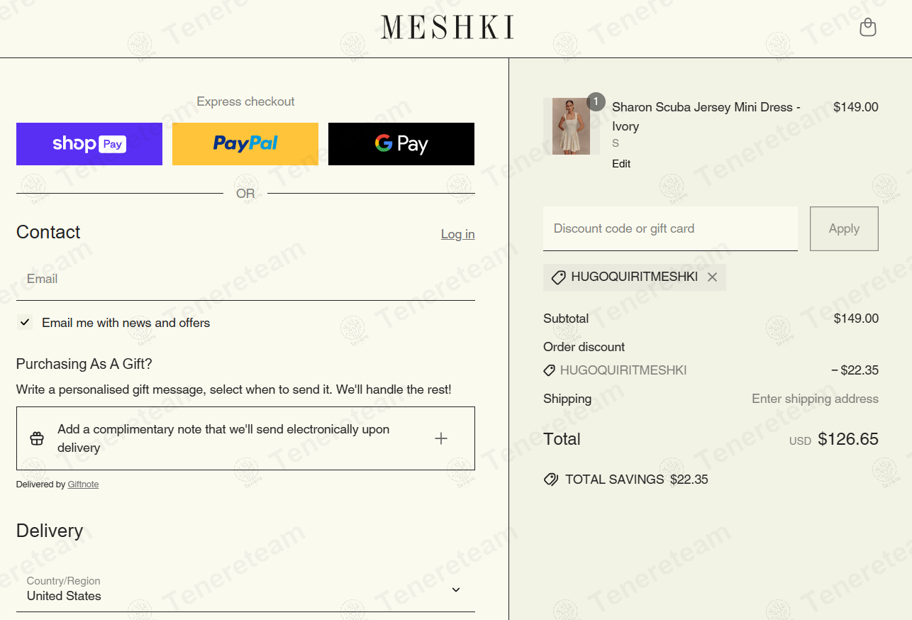 Meshki coupon code: 15% off with HUGOQUIRITMESHKI. Tested and valid as 1 year ago.