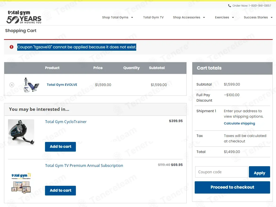 Total Gym Direct coupon code: 10% off with TGSAVE10. Tested and valid as 5 days ago.