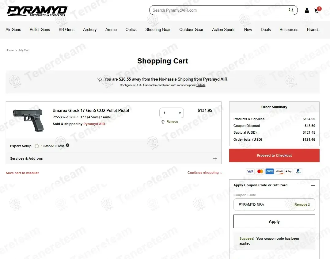 Pyramyd Air coupon code: 10% off with PYRAMYD-NRA. Tested and valid as 1 month ago.