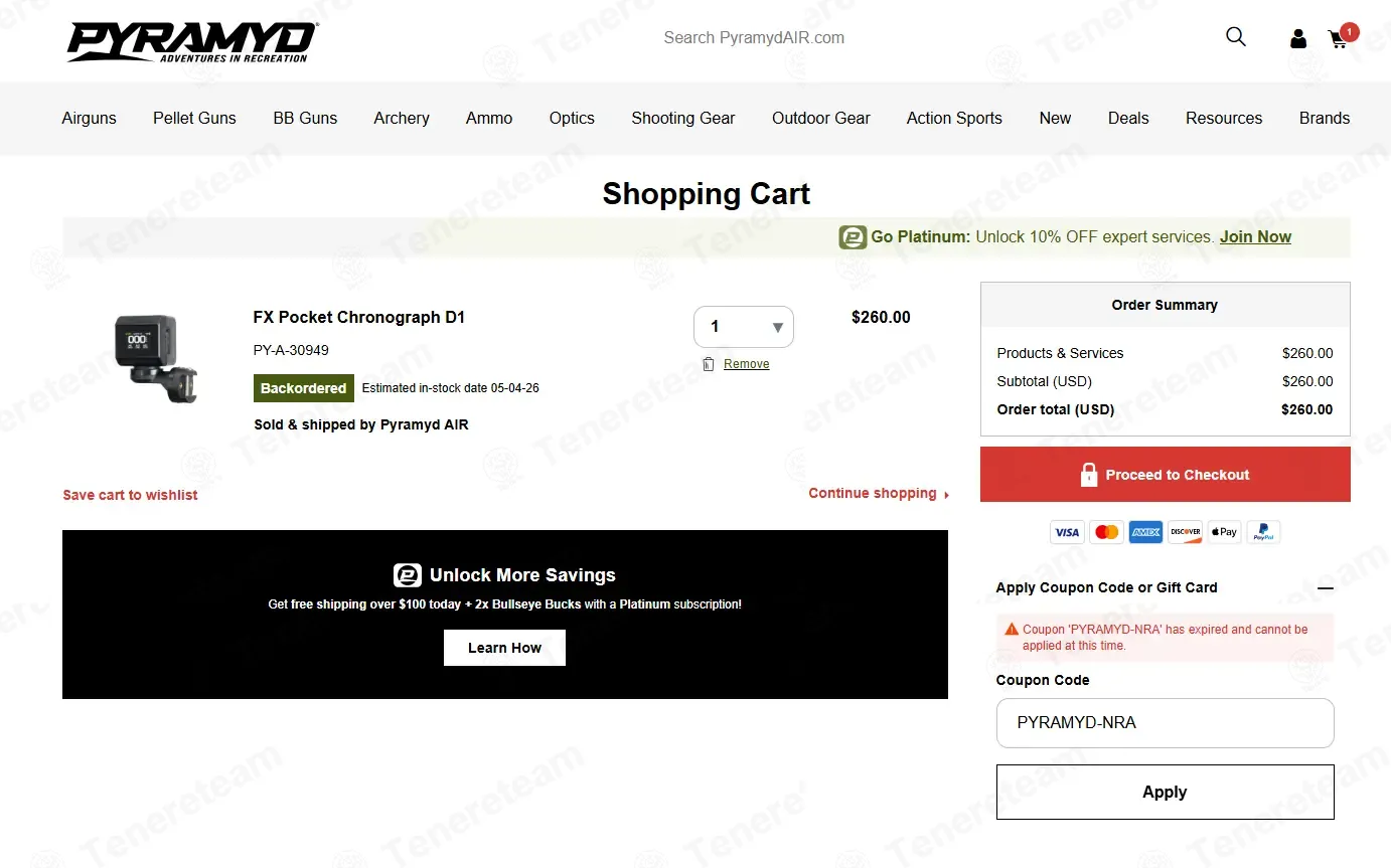 Pyramyd Air coupon code: 10% off with PYRAMYD-NRA. Tested and valid as 1 month ago.