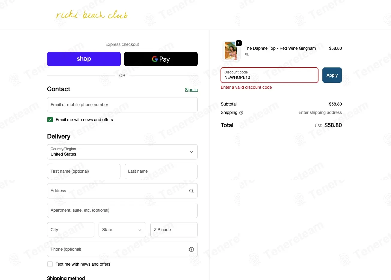 Ricki Beach Club coupon code: 20% off with NEWHOPE10. Tested and valid as 2 weeks ago.