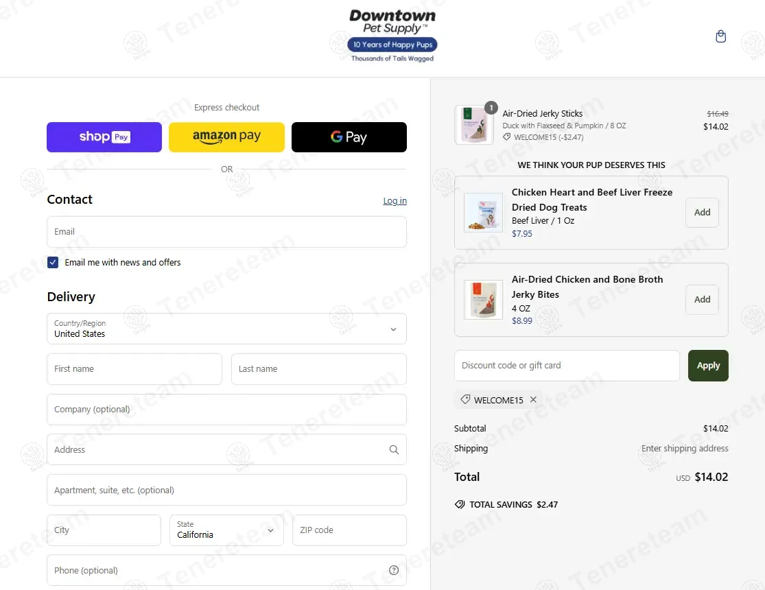 Downtown Pet Supply coupon code: 15% off with WELCOME15. Tested and valid as 1 year ago.