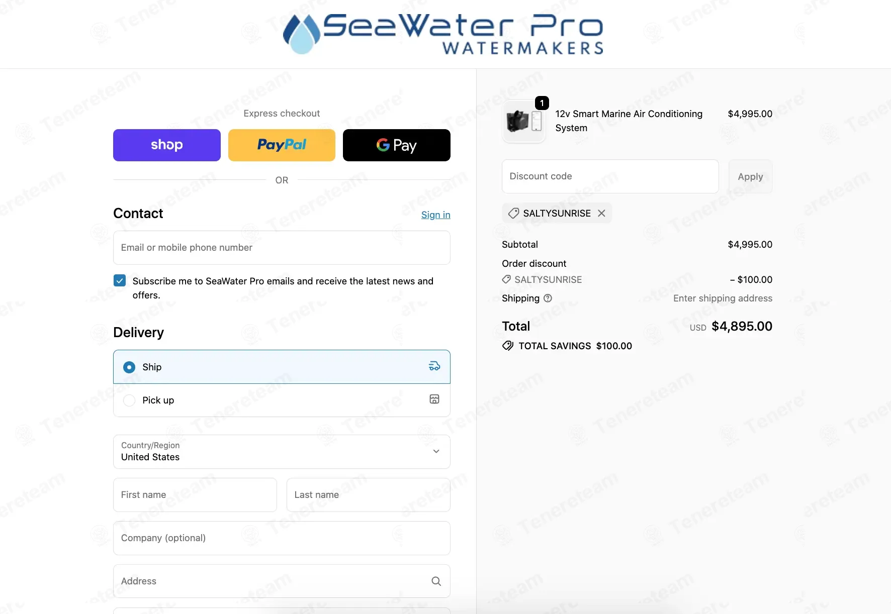 SeaWater Pro coupon code: $100 off with SALTYSUNRISE. Tested and valid as 4 weeks ago.