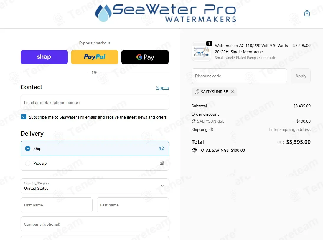 SeaWater Pro coupon code: $100 off with SALTYSUNRISE. Tested and valid as 4 weeks ago.