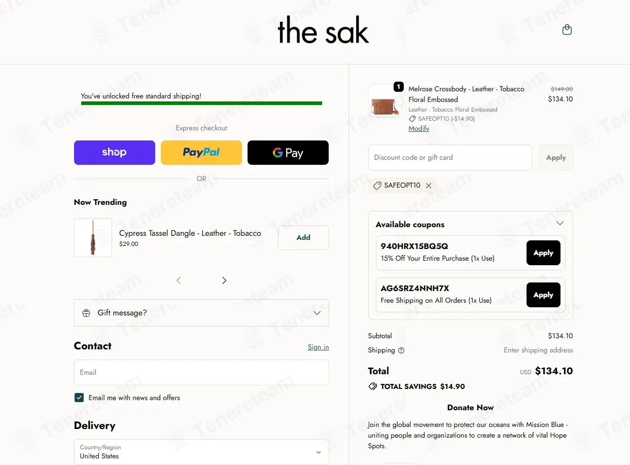 The Sak coupon code: 10% off with SAFEOPT10. Tested and valid as 1 month ago.