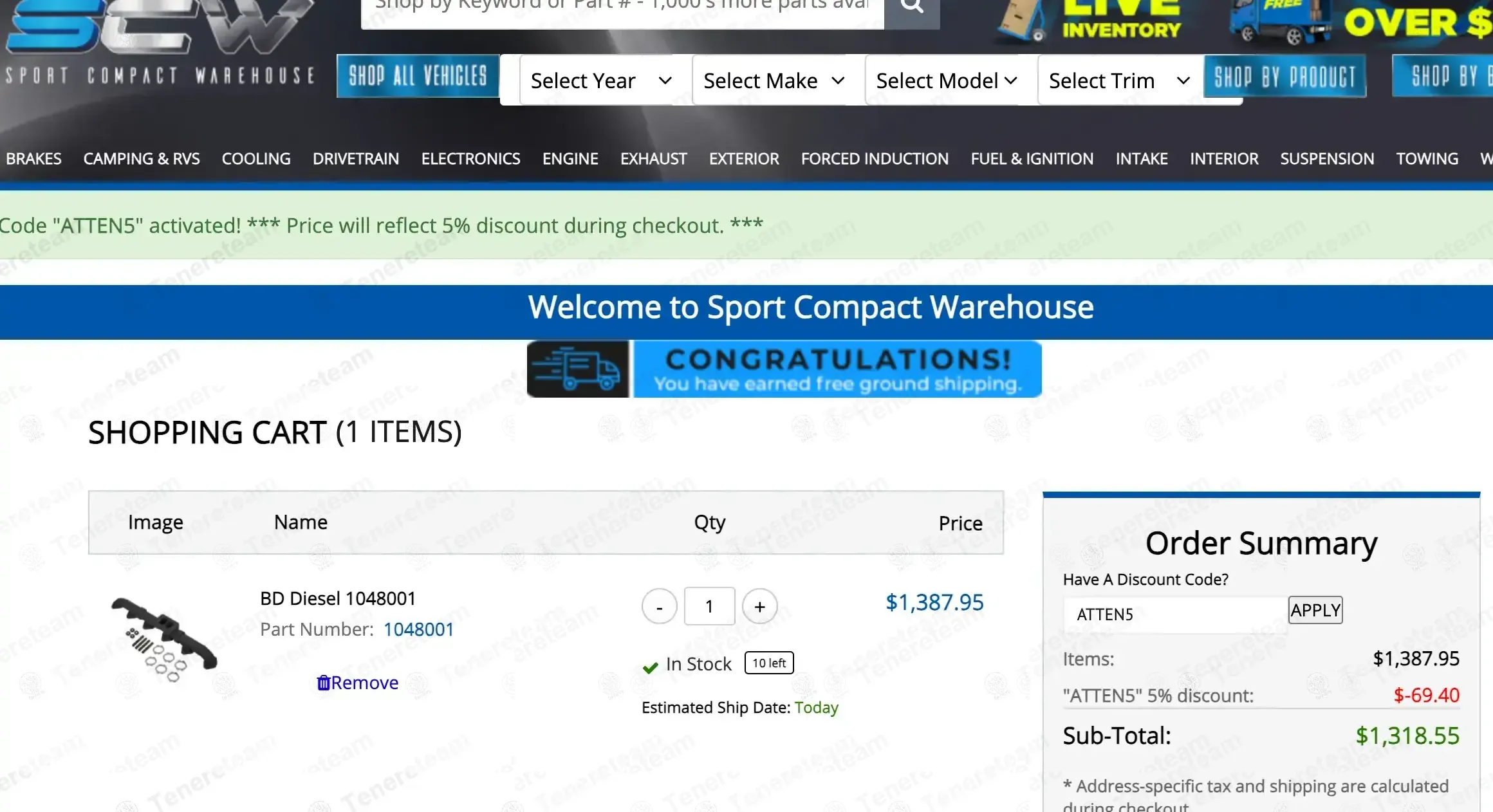 Sport Compact Warehouse coupon code: 5% off with ATTEN5. Tested and valid as 3 days ago.