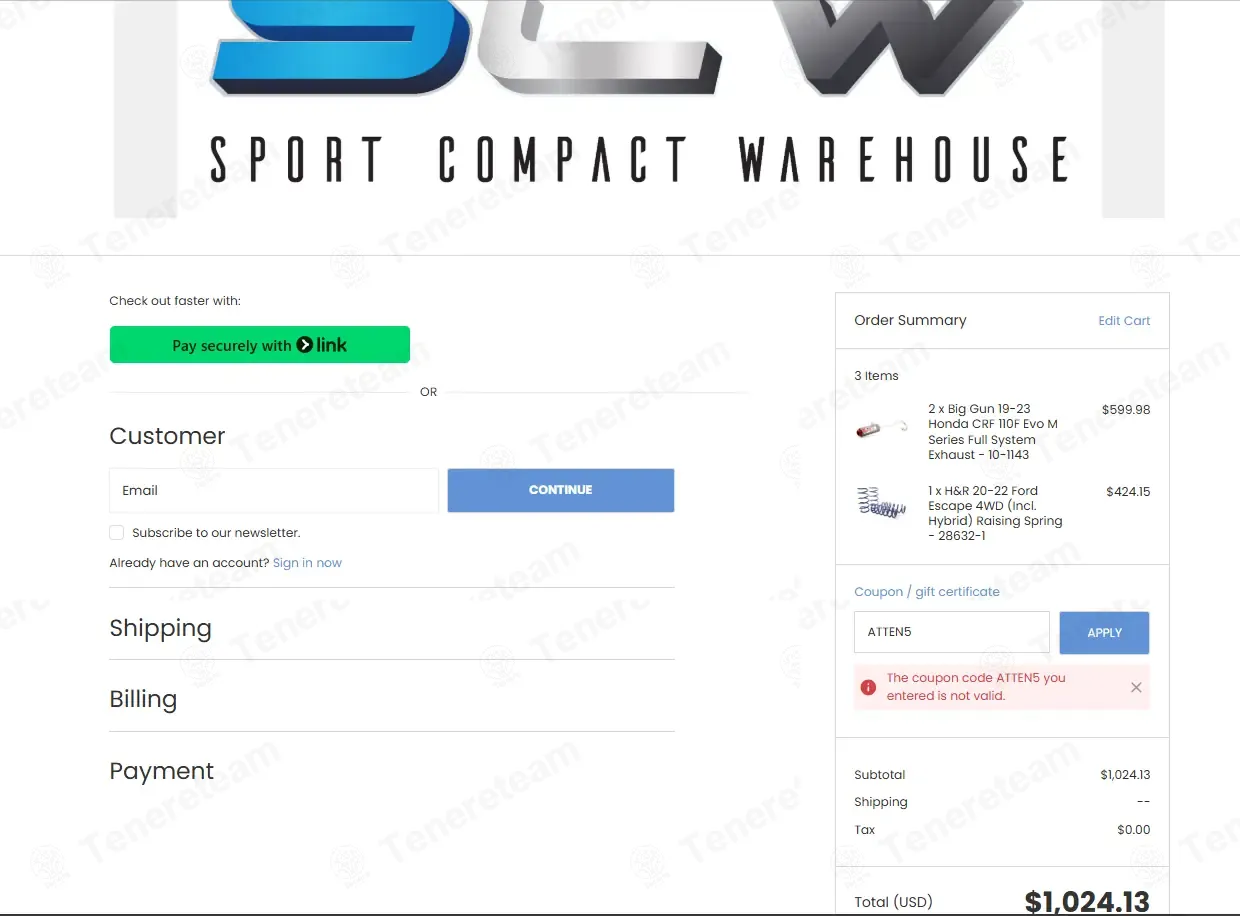 Sport Compact Warehouse coupon code: 5% off with ATTEN5. Tested and valid as 3 days ago.