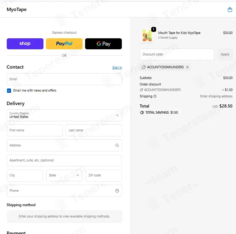 Myotape coupon code: 5% off with ACOUNTYDOWNUNDER5. Tested and valid as 1 week ago.