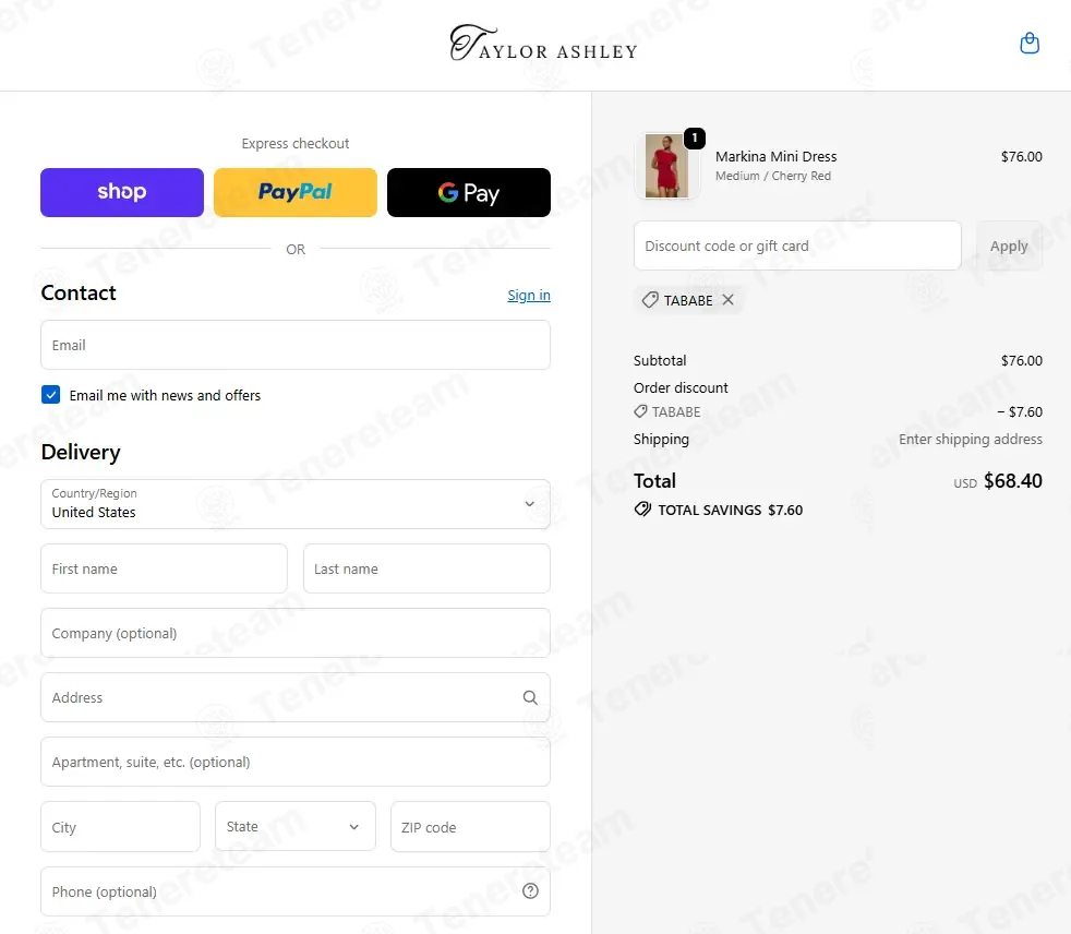 Taylor Ashley coupon code: 10% off with TABABE. Tested and valid as 4 weeks ago.
