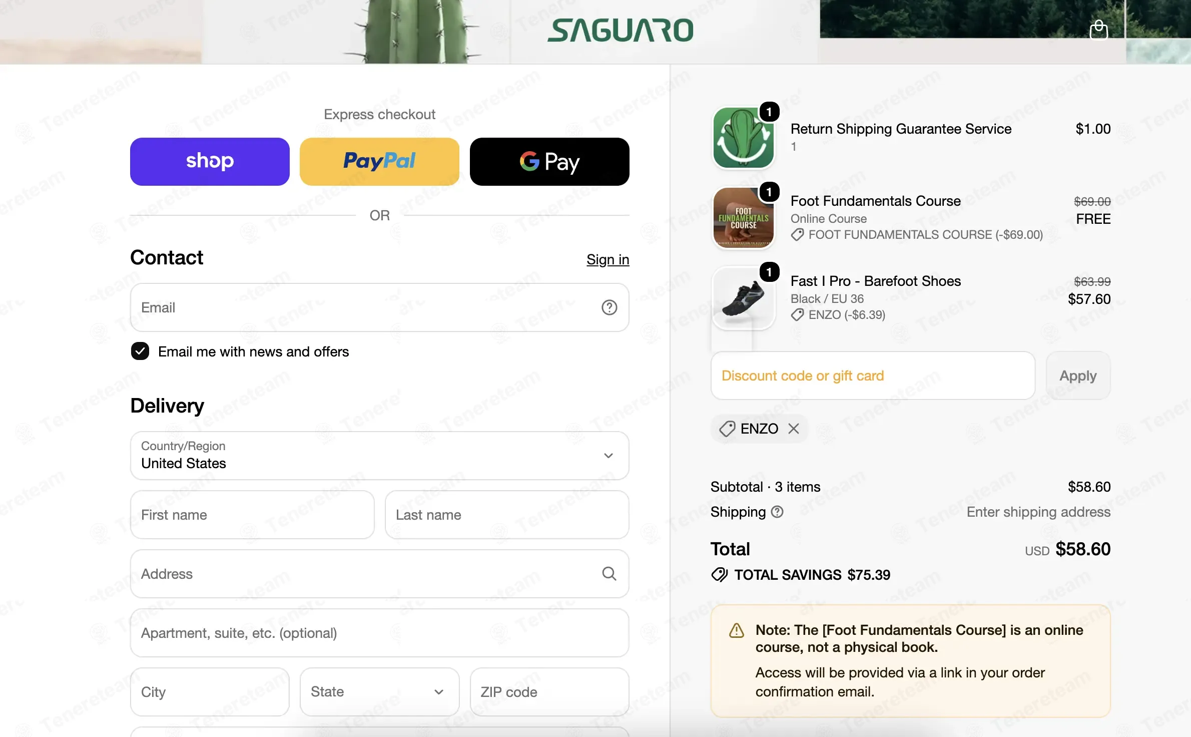 Saguaro Shoes coupon code: 10% off with ENZO. Tested and valid as 1 month ago.