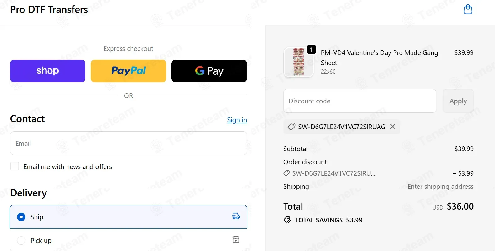 Pro DTF Transfers coupon code: 15% off with SW-D6G7LE24V1VC72SIRUAG. Tested and valid as 3 months ago.