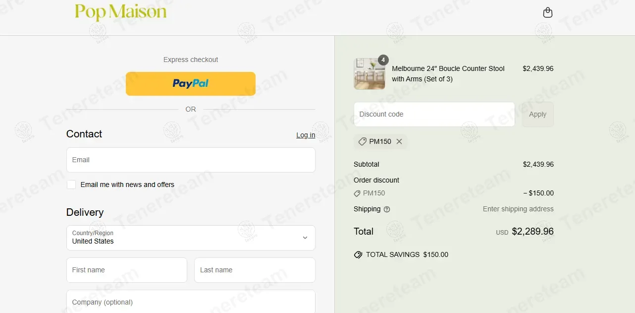 The Pop Maison coupon code: $150 off with PM150. Tested and valid as 1 year ago.