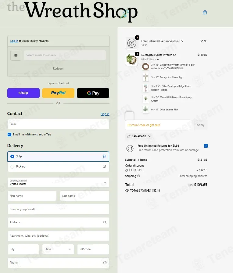 The Wreath Shop coupon code: 10% off with CANADA10. Tested and valid as 1 month ago.