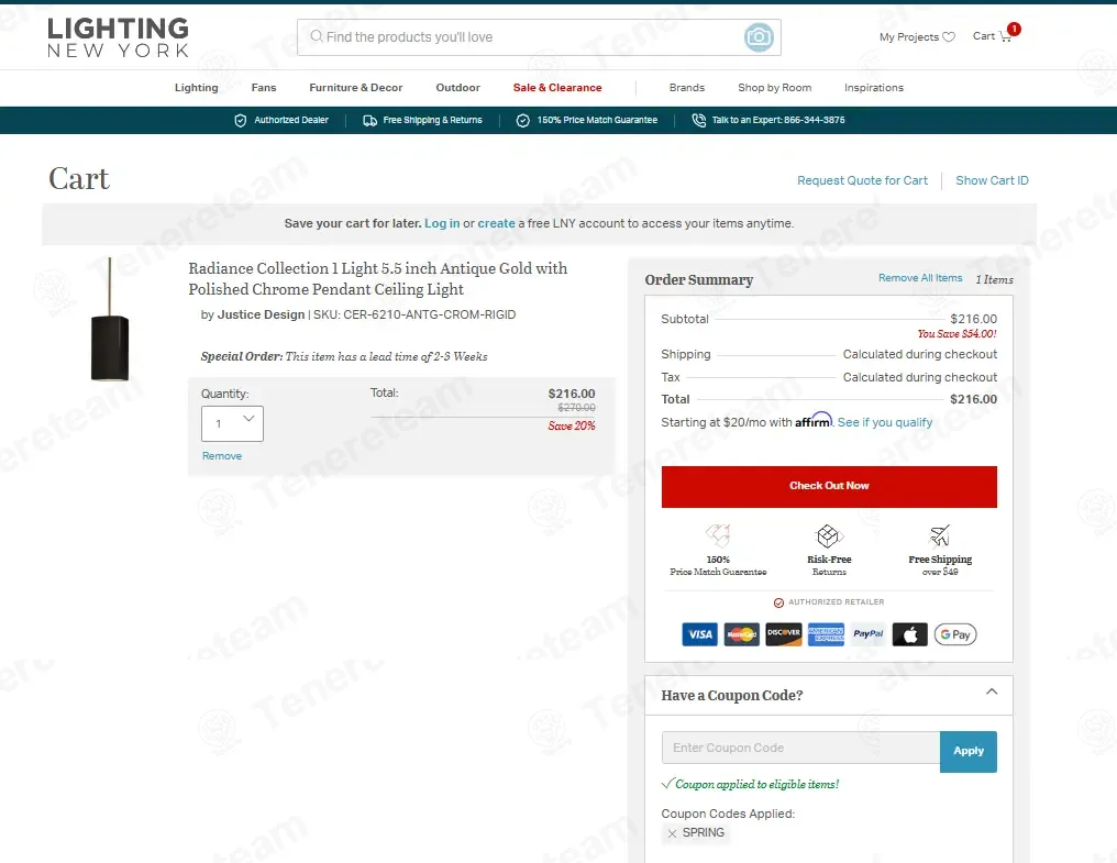 Lightingnewyork.com coupon code: 20% off with SPRING. Tested and valid as 3 weeks ago.