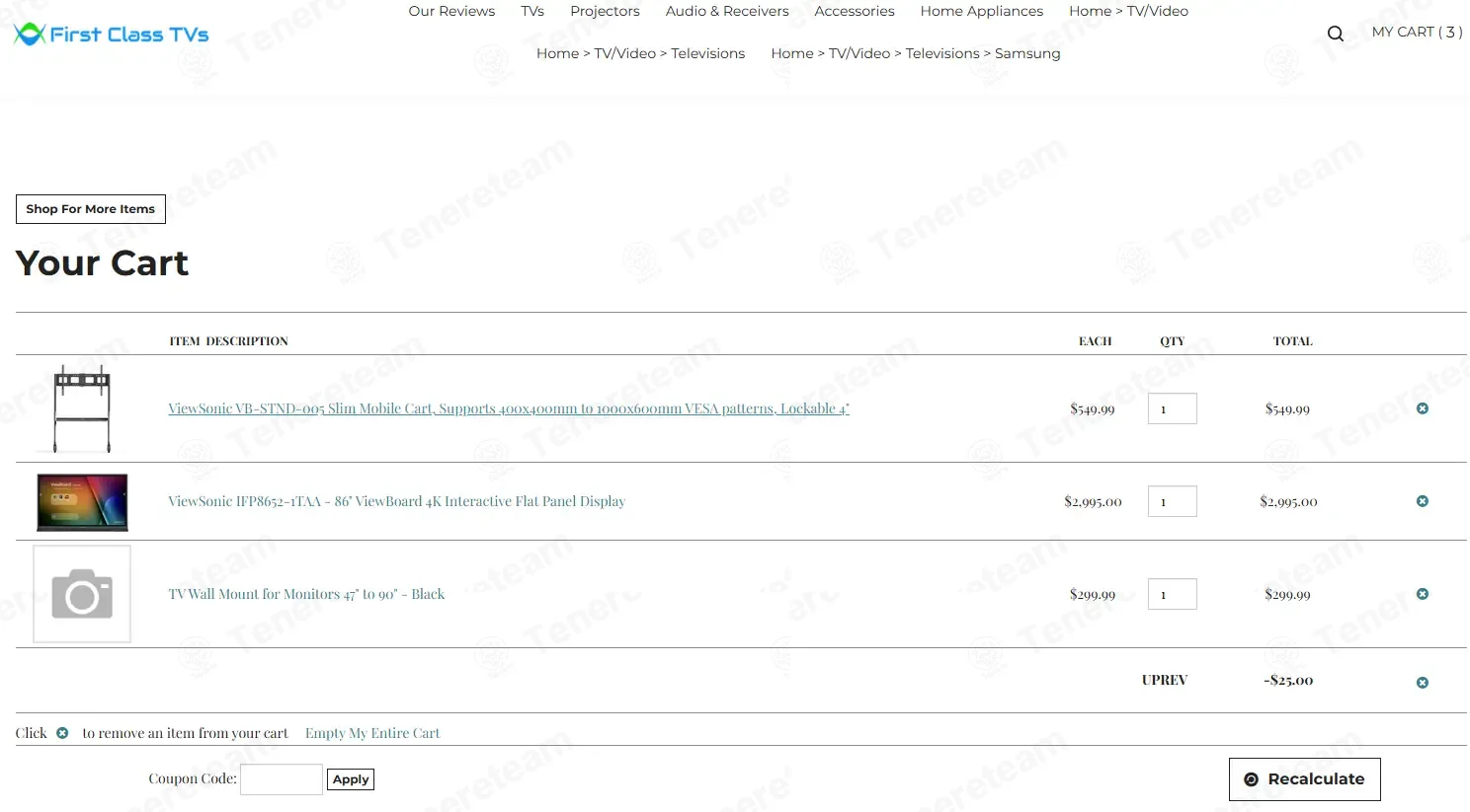 First Class TVs coupon code: $25 off with UPREV. Tested and valid as 3 days ago.