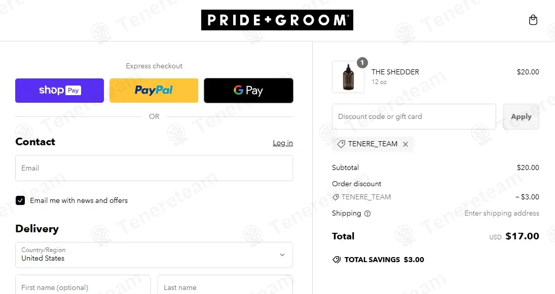 Pride and Groom coupon code: 15% off with TENERE_TEAM. Tested and valid as 1 year ago.