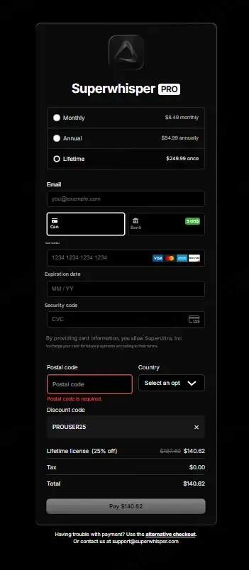 Superwhisper coupon code: 25% off with PROUSER25. Tested and valid as 1 month ago.