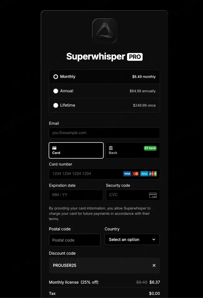 Superwhisper coupon code: 25% off with PROUSER25. Tested and valid as 1 month ago.