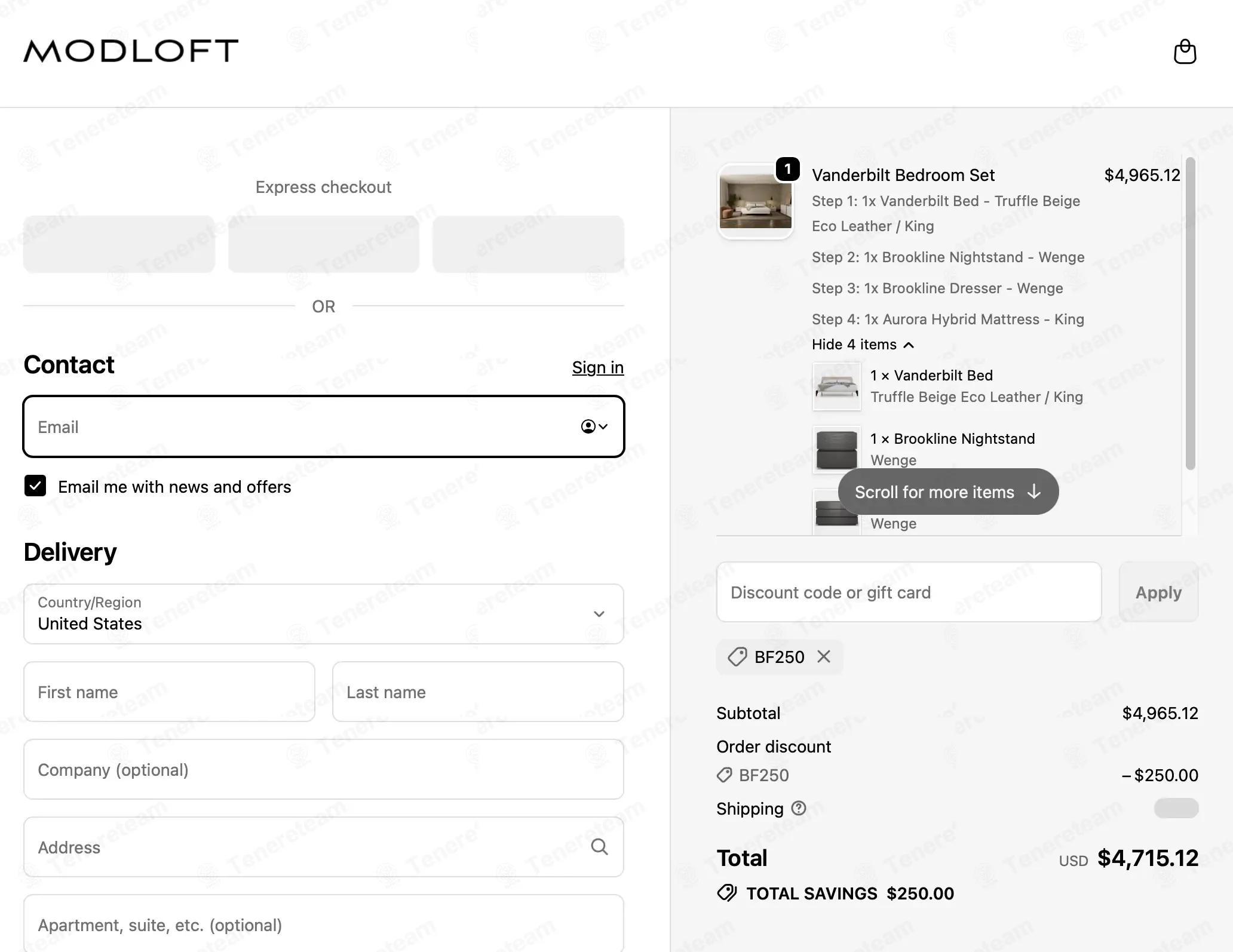 Modloft coupon code: $250 off with BF250. Tested and valid as 5 months ago.