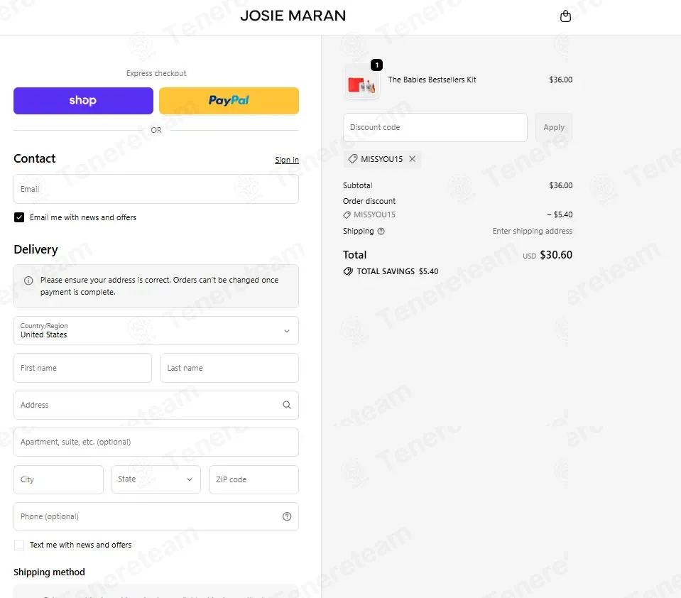 Josie Maran coupon code: 15% off with MISSYOU15. Tested and valid as 1 month ago.