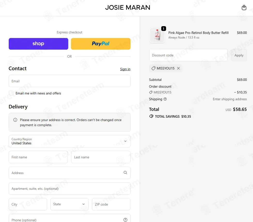 Josie Maran coupon code: 15% off with MISSYOU15. Tested and valid as 1 month ago.