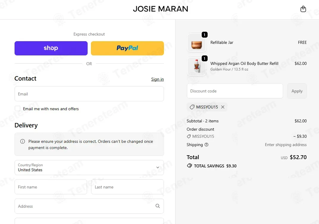Josie Maran coupon code: 15% off with MISSYOU15. Tested and valid as 1 month ago.