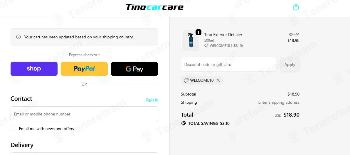 Tino Car Care coupon code: 10% off with WELCOME10. Tested and valid as 1 month ago.