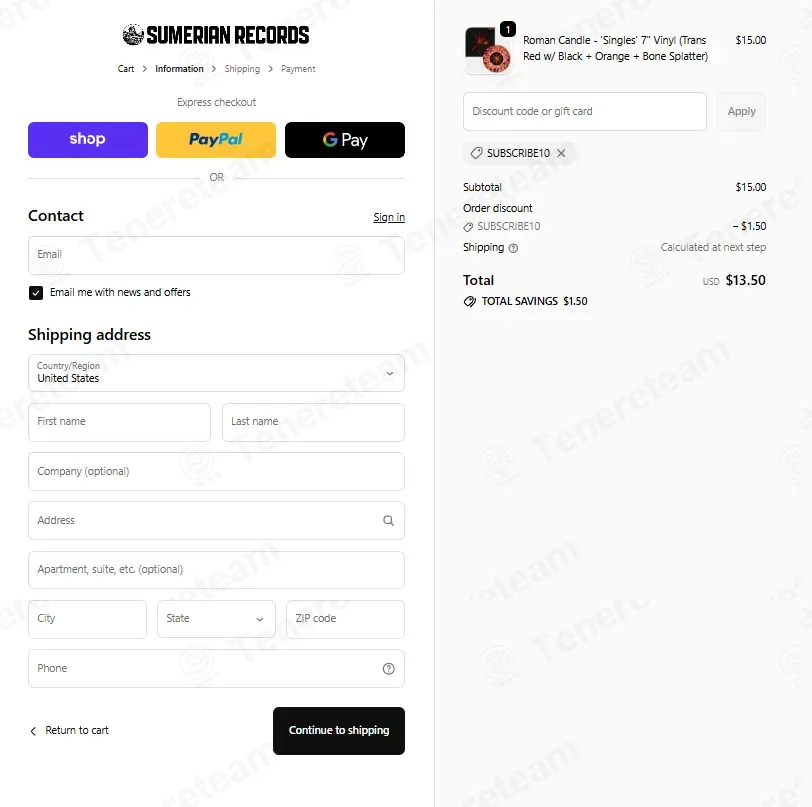 Sumerian Merch coupon code: 10% off with subscribe10. Tested and valid as 3 months ago.