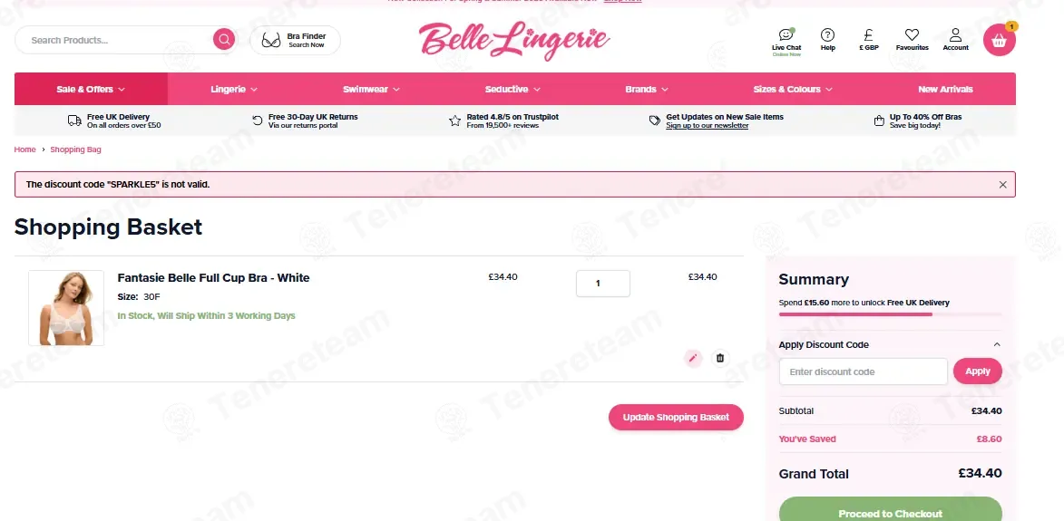 Belle Lingerie coupon code: £5 off with SPARKLE5. Tested and valid as 3 months ago.