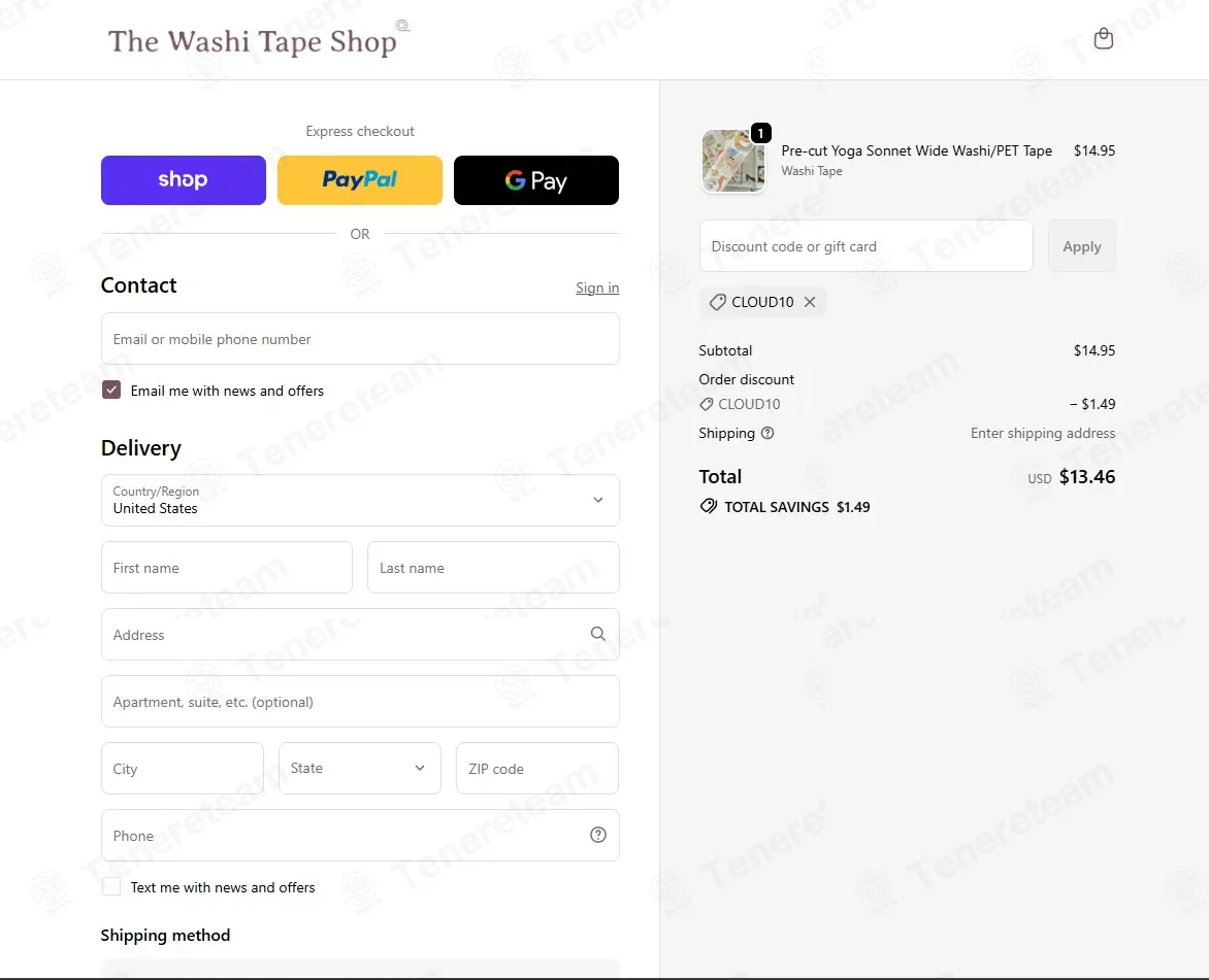 The Washi Tape Shop coupon code: 10% off with CLOUD10. Tested and valid as 2 weeks ago.