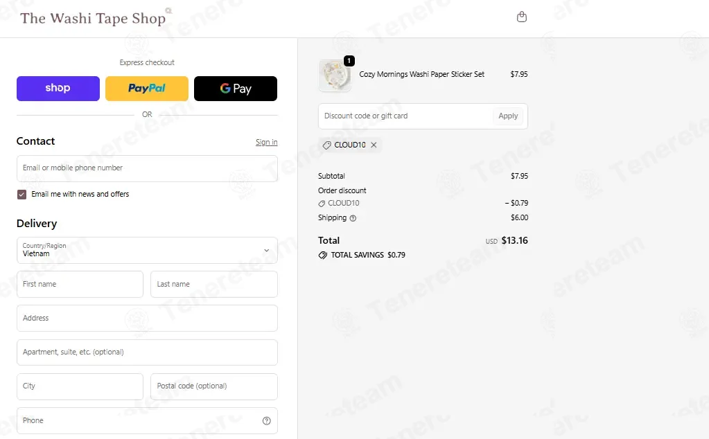 The Washi Tape Shop coupon code: 10% off with CLOUD10. Tested and valid as 2 weeks ago.