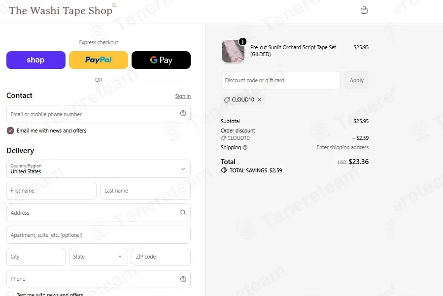 The Washi Tape Shop coupon code: 10% off with CLOUD10. Tested and valid as 2 weeks ago.
