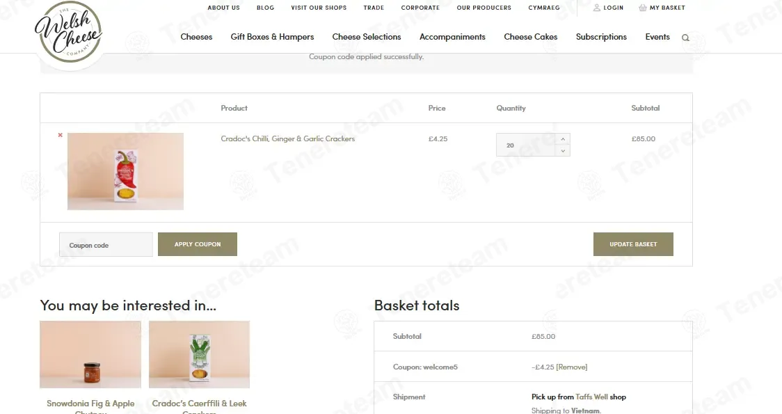 The Welsh Cheese Company coupon code: 5% off with Welcome5. Tested and valid as 2 weeks ago.