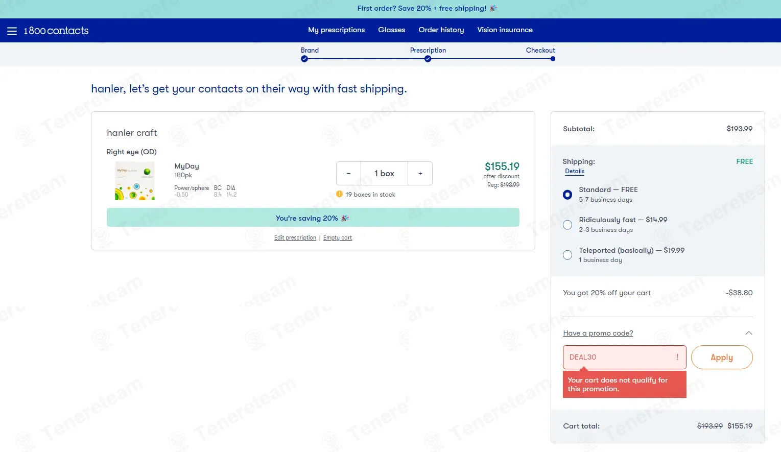 1-800 Contacts coupon code: $30 off with DEAL30. Tested and valid as 1 month ago.
