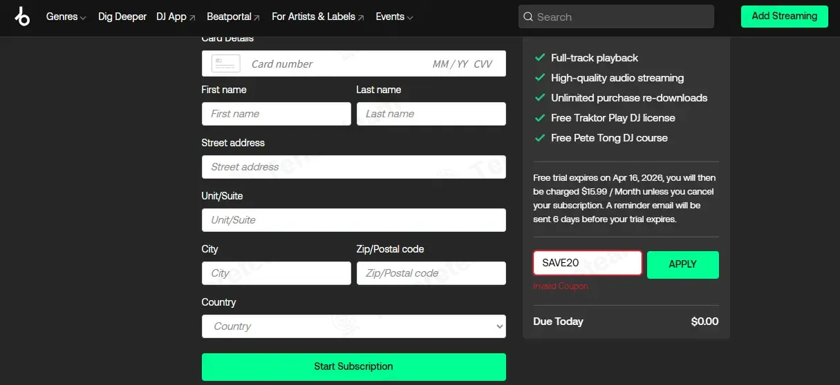 Beatport coupon code: 20% off with SAVE20. Tested and valid as 2 months ago.