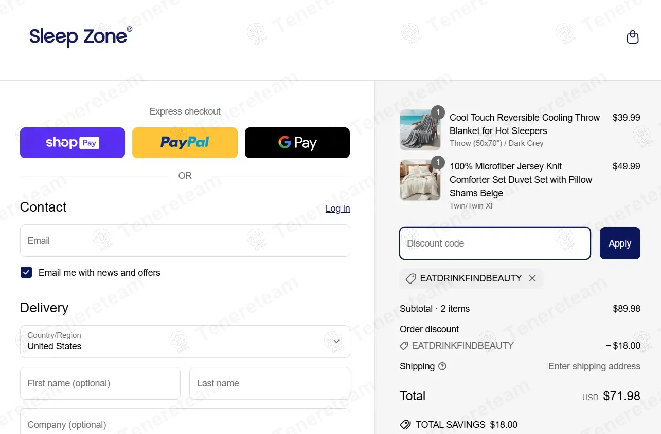 Sleep Zone coupon code re-checked and confirmed working at checkout