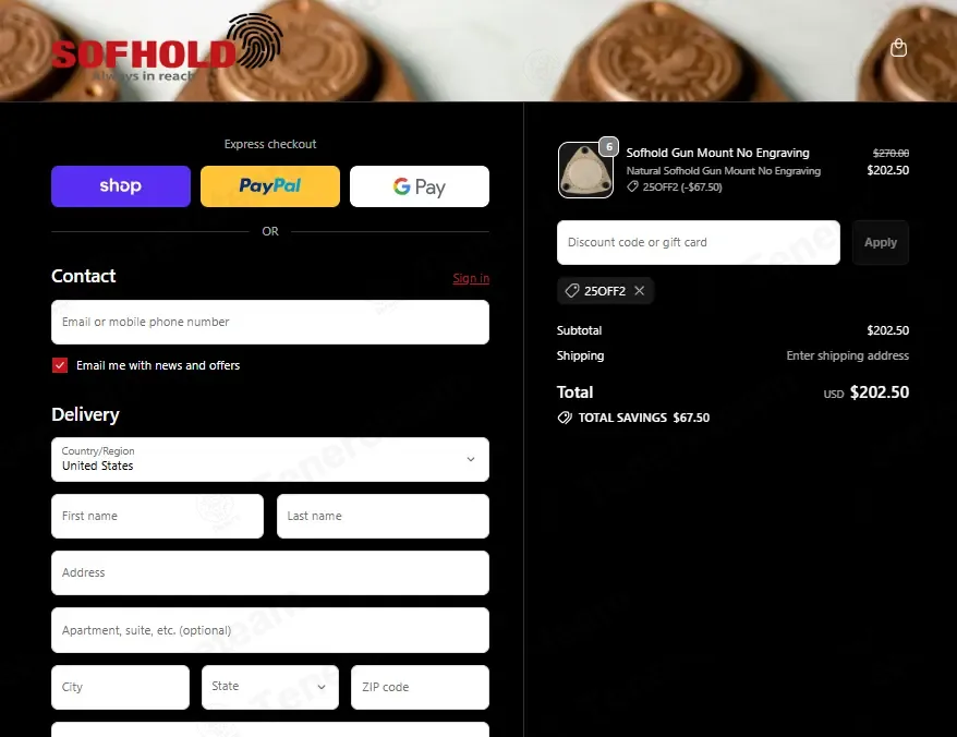 Sofhold coupon code: 25% off with 25OFF2. Tested and valid as 8 months ago.