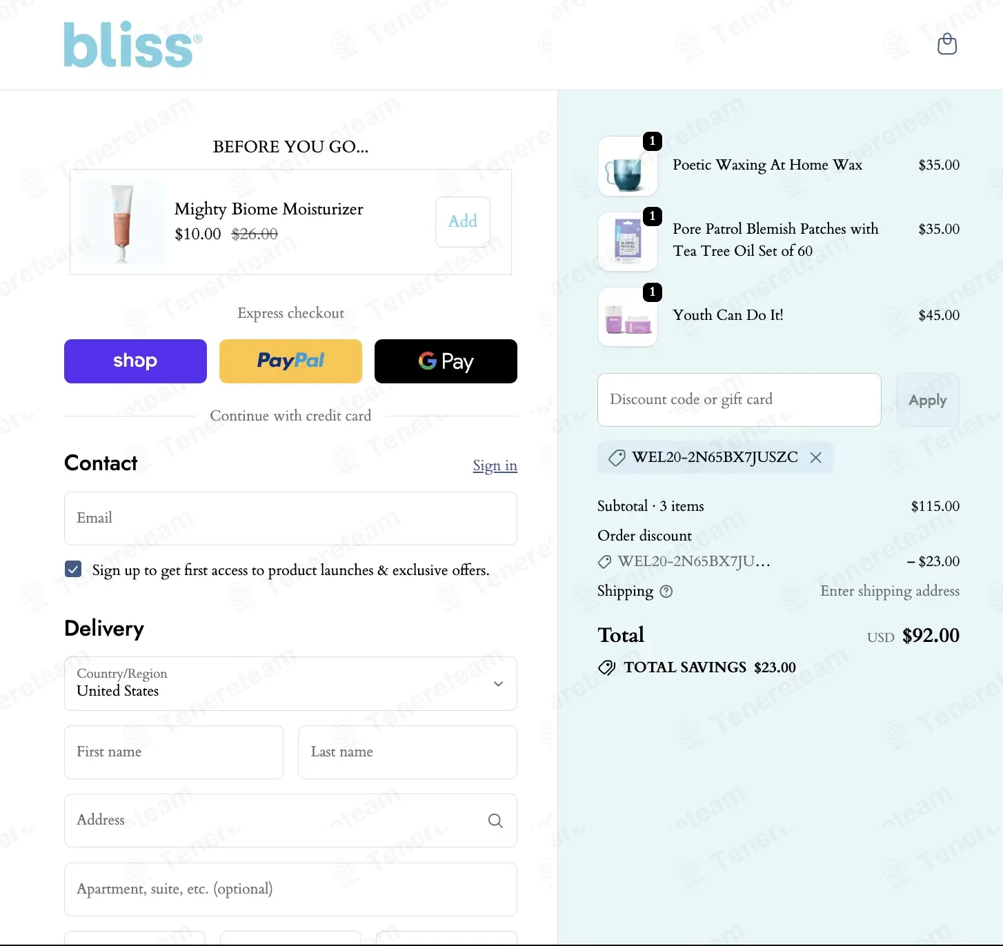 Bliss coupon code: 20% off with WEL20-2N65BX7JUSZC. Tested and valid as 4 days ago.